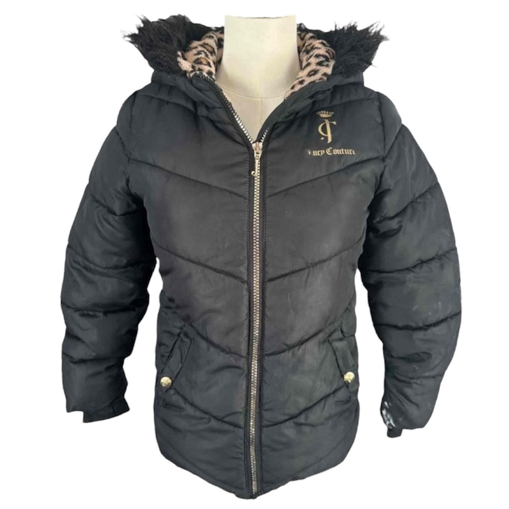 Juicy Couture Black Winter Puffer Jacket Hooded Leopard Lining Girls Small